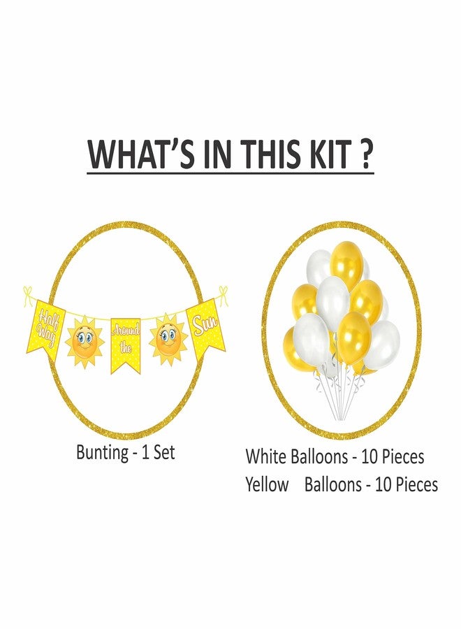 Untumble Half Birthday banner in Sunshine theme with banner and balloon for a 6 month birthday containing a It's my half birthday banner in Yellow and 20 Yellow & White balloons (Pack of 21) - Image 2
